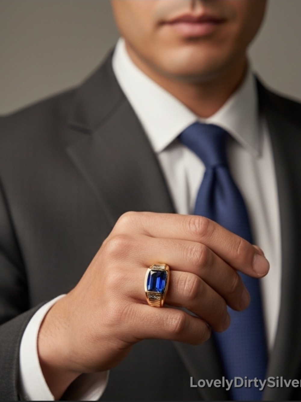 2 Carat Lab Created Blue Sapphire Men's Ring 14K Plated .925 Sterling Silver